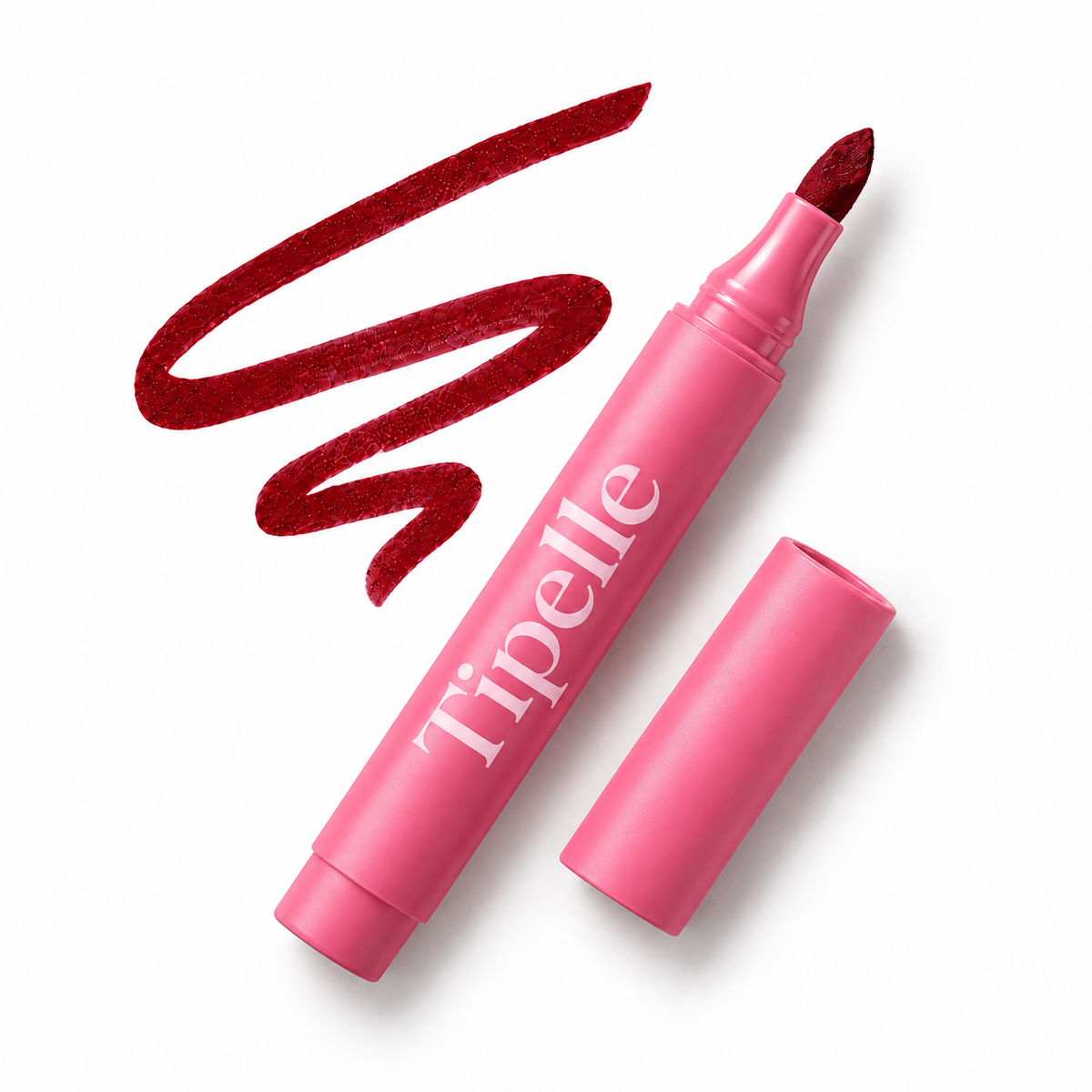 Tipelle Cherry Lip Pen in pink packaging with matching shade sample