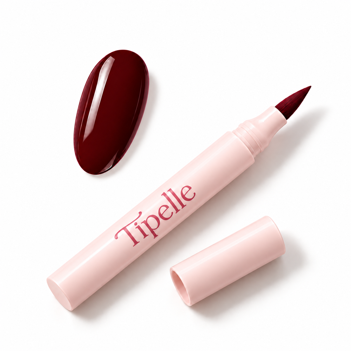 Tipelle Bordeaux Nail Pen in pink packaging with matching shade sample