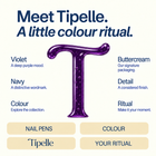 Tipelle Violet colour ritual graphic with navy and buttercream branding and deep-purple gel monogram.