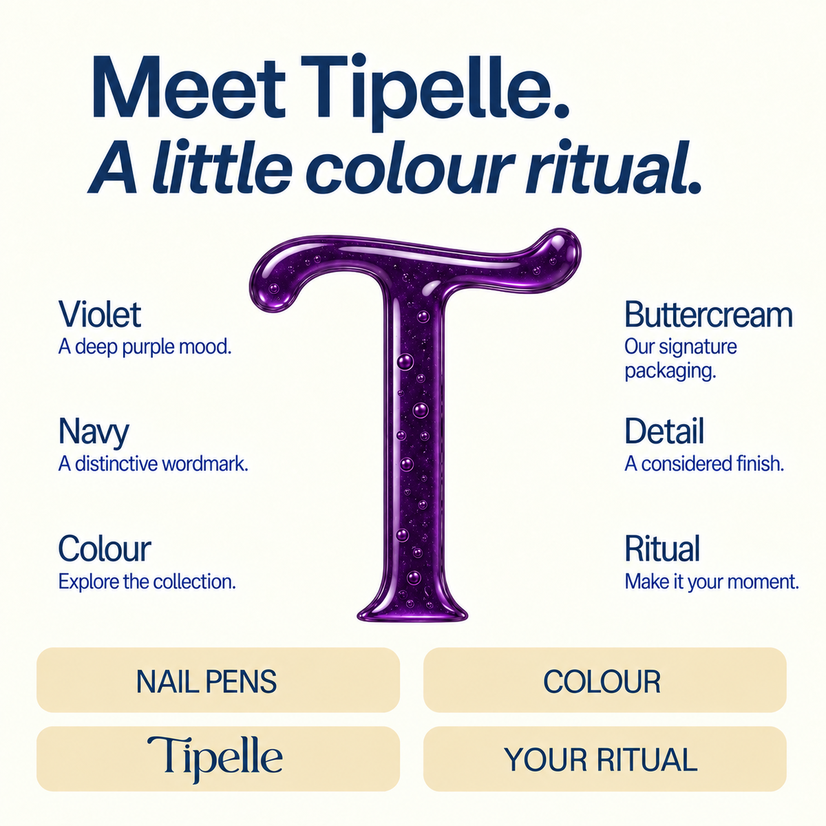 Tipelle Violet colour ritual graphic with navy and buttercream branding and deep-purple gel monogram.