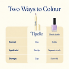 Tipelle nail pen and classic nail polish bottle comparison in navy and buttercream; original purple nail pigment retained.