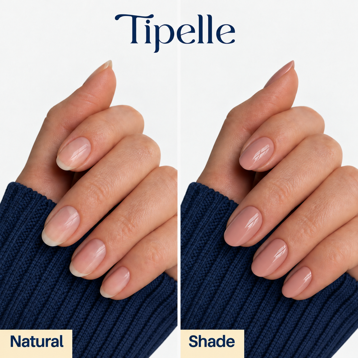 Tipelle Nude nail polish, Natural and Shade comparison