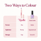 Tipelle nail pen and classic nail polish bottle comparison in pink and white; original purple nail pigment retained.